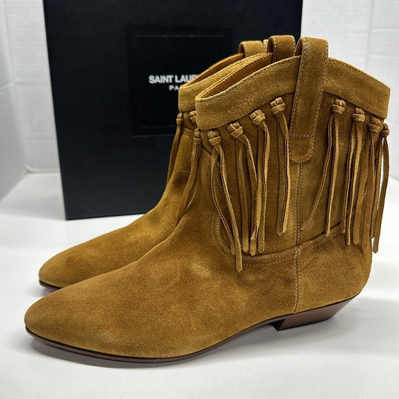 Saint Laurent YSL Ankle Boots Chelsea Boot Fringe Suede Tan Brown New Size 38 - Picture 5 of 13